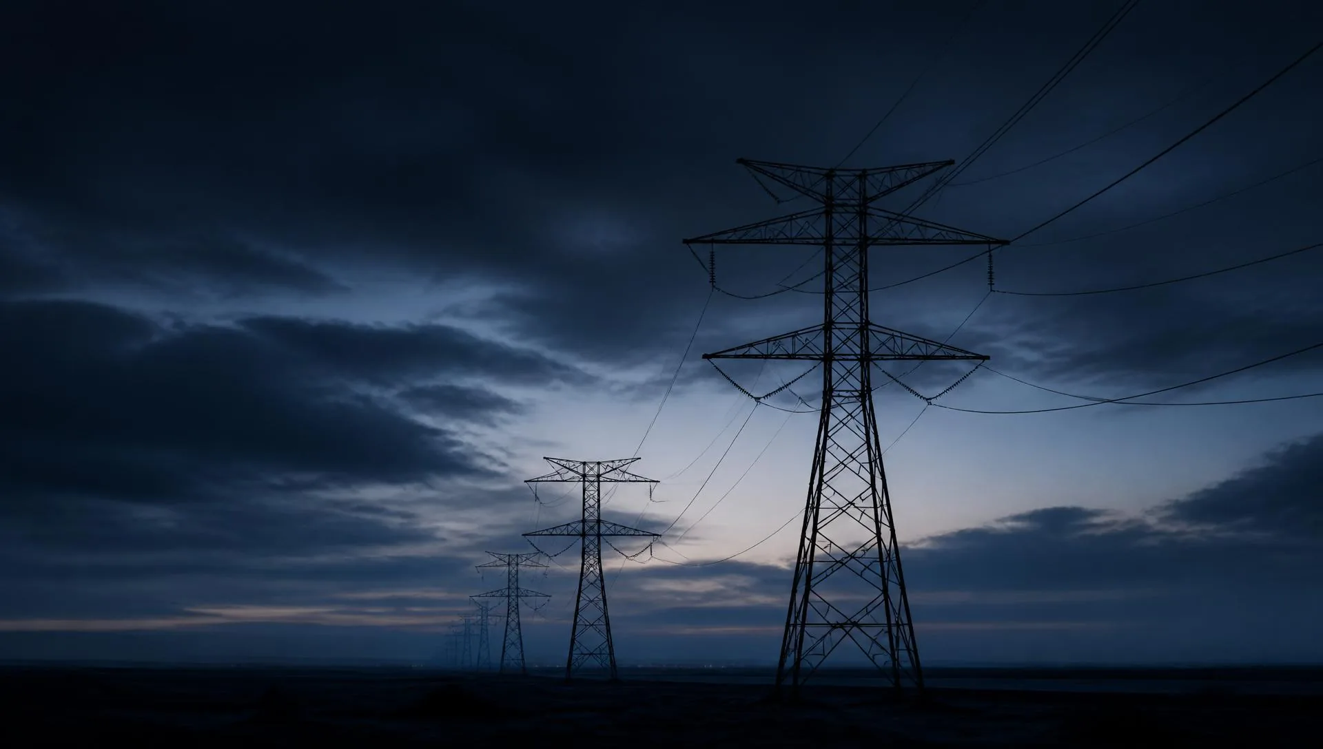 High voltage transmission towers crossing open terrain